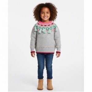 Cat & jack gray‎ sweater, pink collar, pom poms, holiday, festive, Size XS (4/5)